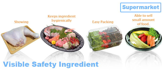 Disposable food container for ingredients (meat, fish, vegetable, fruits) in super market