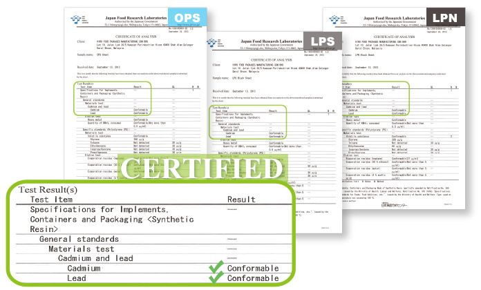 HIRO FOOD materials (LPS / LPN / OPS) has been certificated by Japan Food Research Laboratories